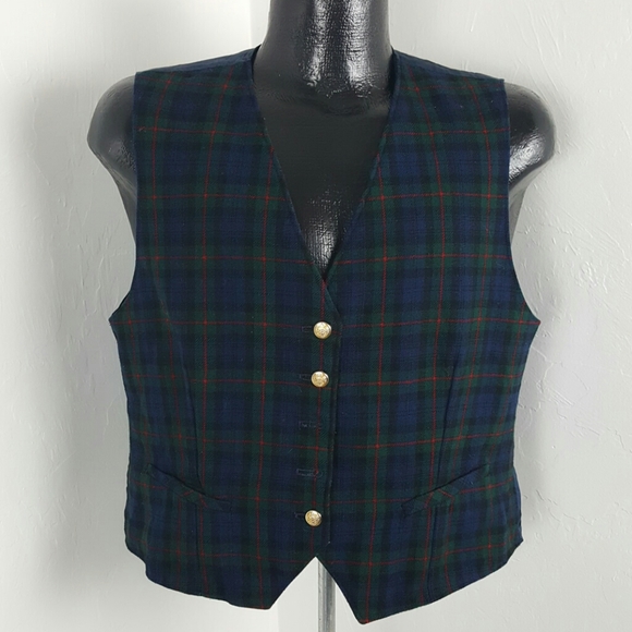 Vintage Pendleton women wool vest button up check blue green women size 16P - Picture 1 of 5